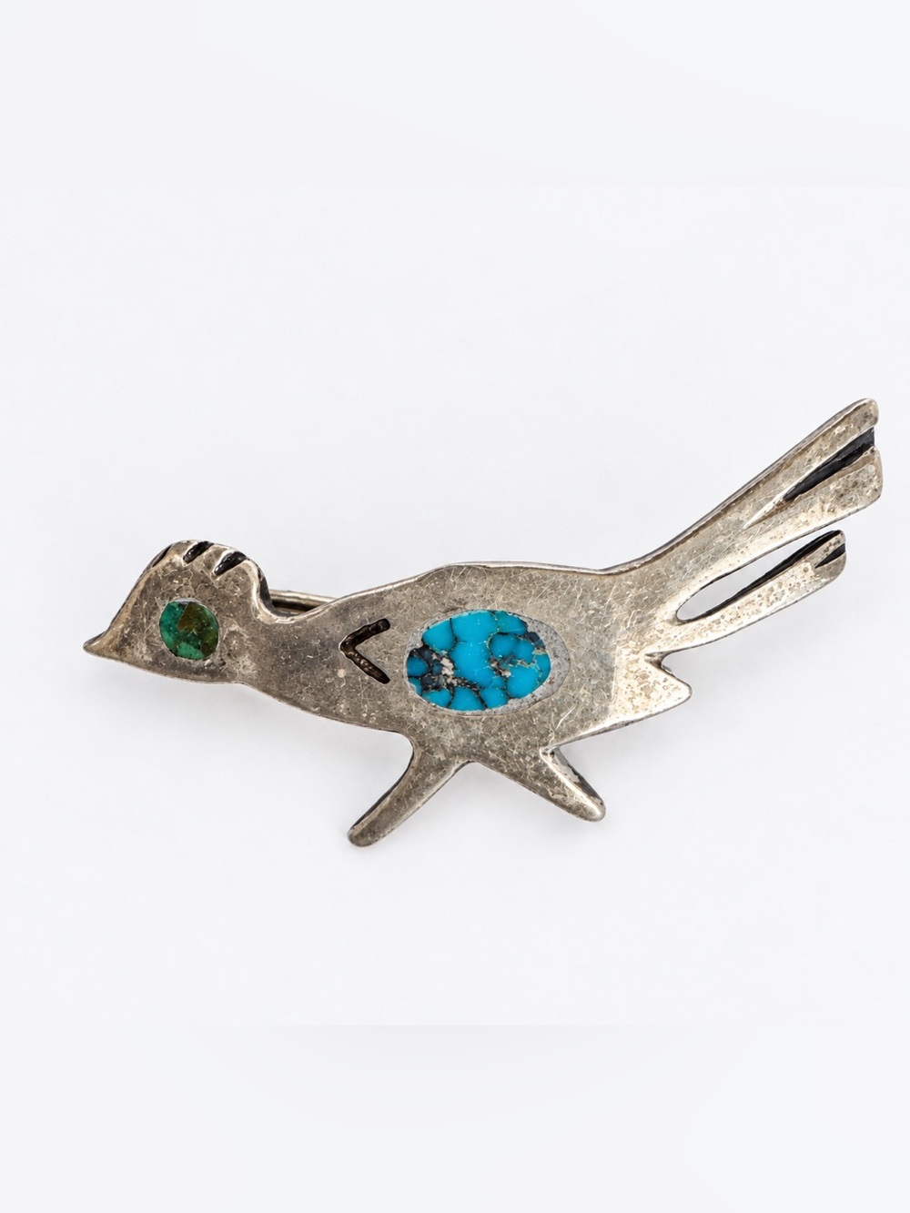 Vintage Navajo Sterling Silver Turquoise Inlay Roadrunner Brooch Native American